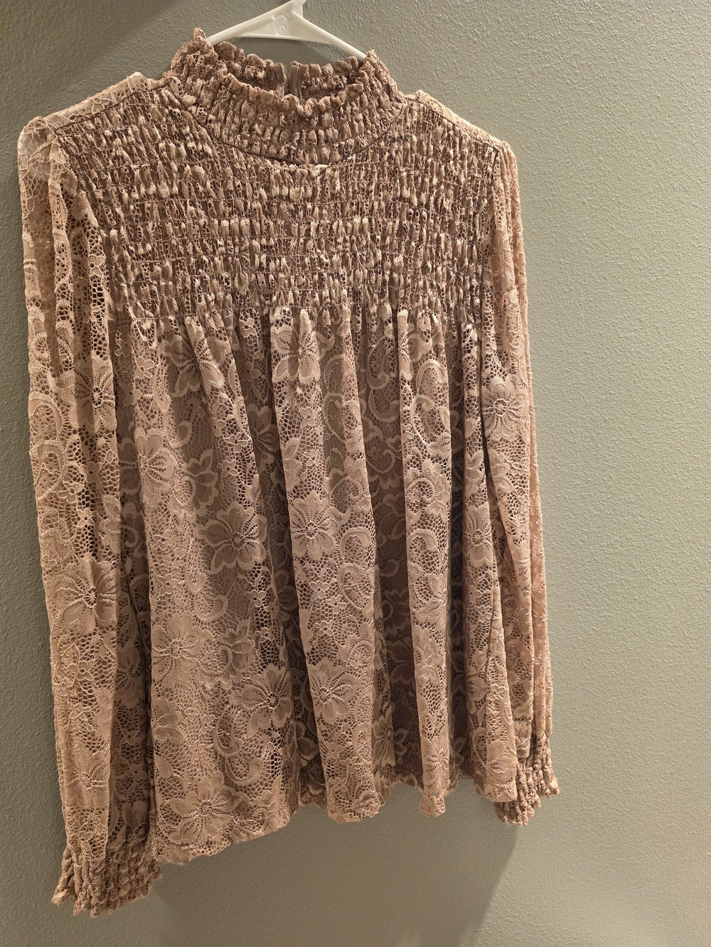 Cable & Gauge Blush Pink Lace Smocked High-Neck Blouse